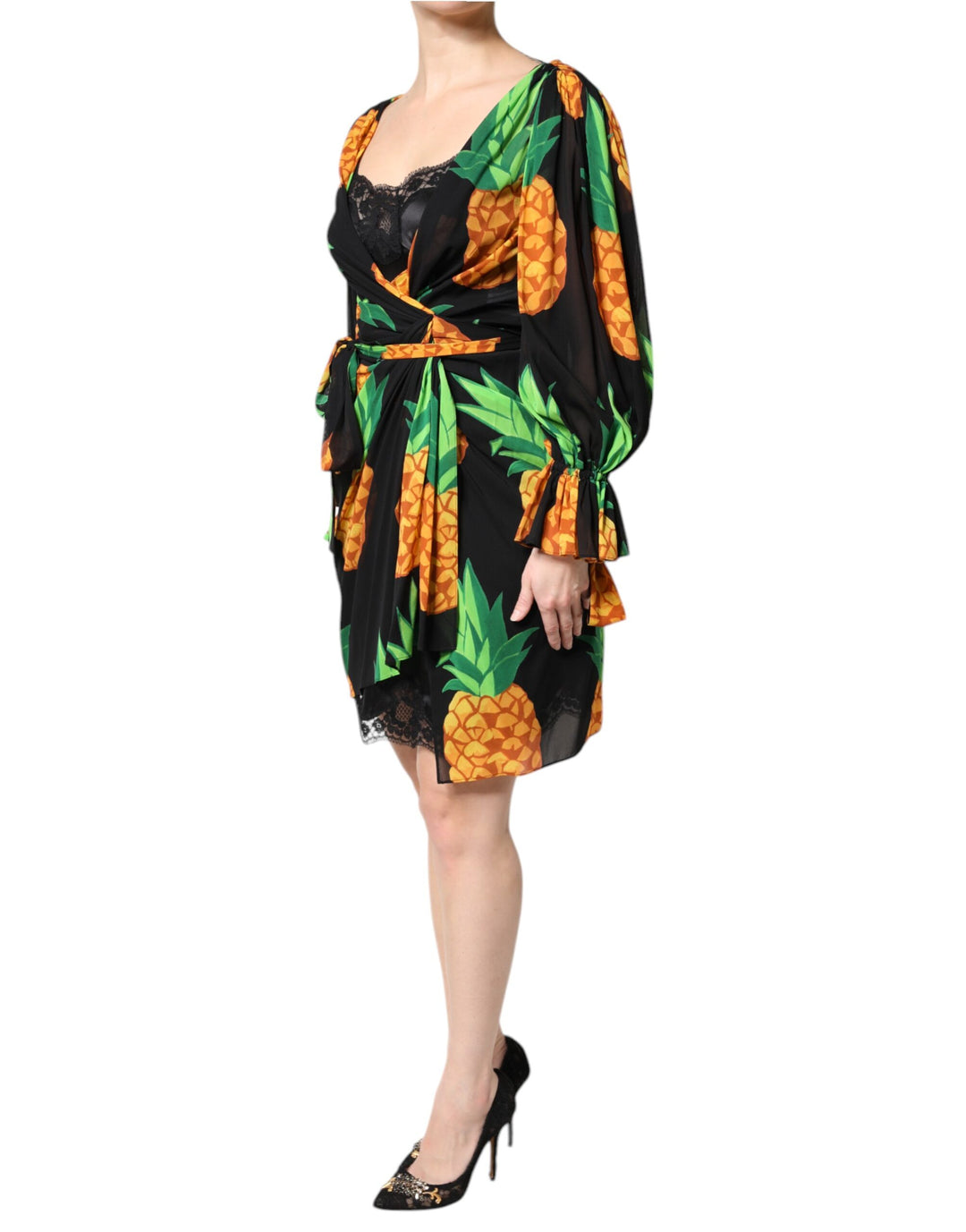 Dolce &amp; Gabbana Black Silk Pineapple Draped Print Wrap Dress by Dolce &amp; Gabbana outlet now on sale