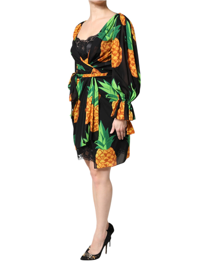 Dolce &amp; Gabbana Black Silk Pineapple Draped Print Wrap Dress by Dolce &amp; Gabbana outlet now on sale