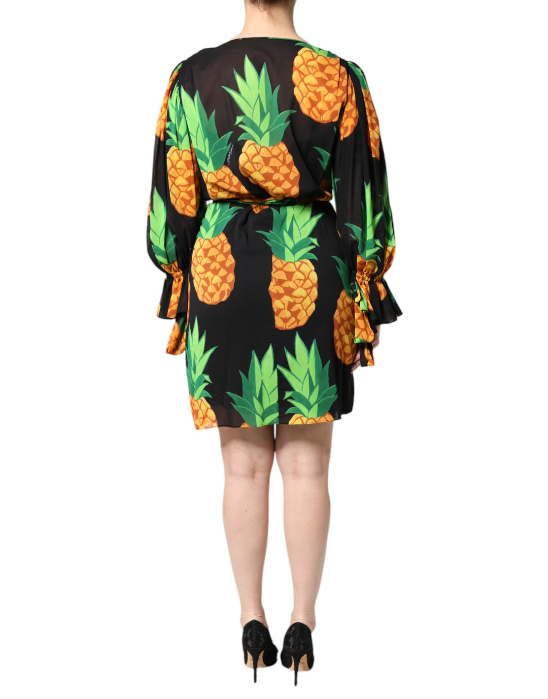 Dolce &amp; Gabbana Black Silk Pineapple Draped Print Wrap Dress by Dolce &amp; Gabbana outlet now on sale