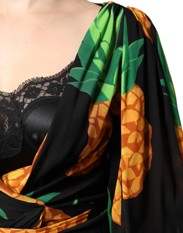 Dolce &amp; Gabbana Black Silk Pineapple Draped Print Wrap Dress by Dolce &amp; Gabbana outlet now on sale