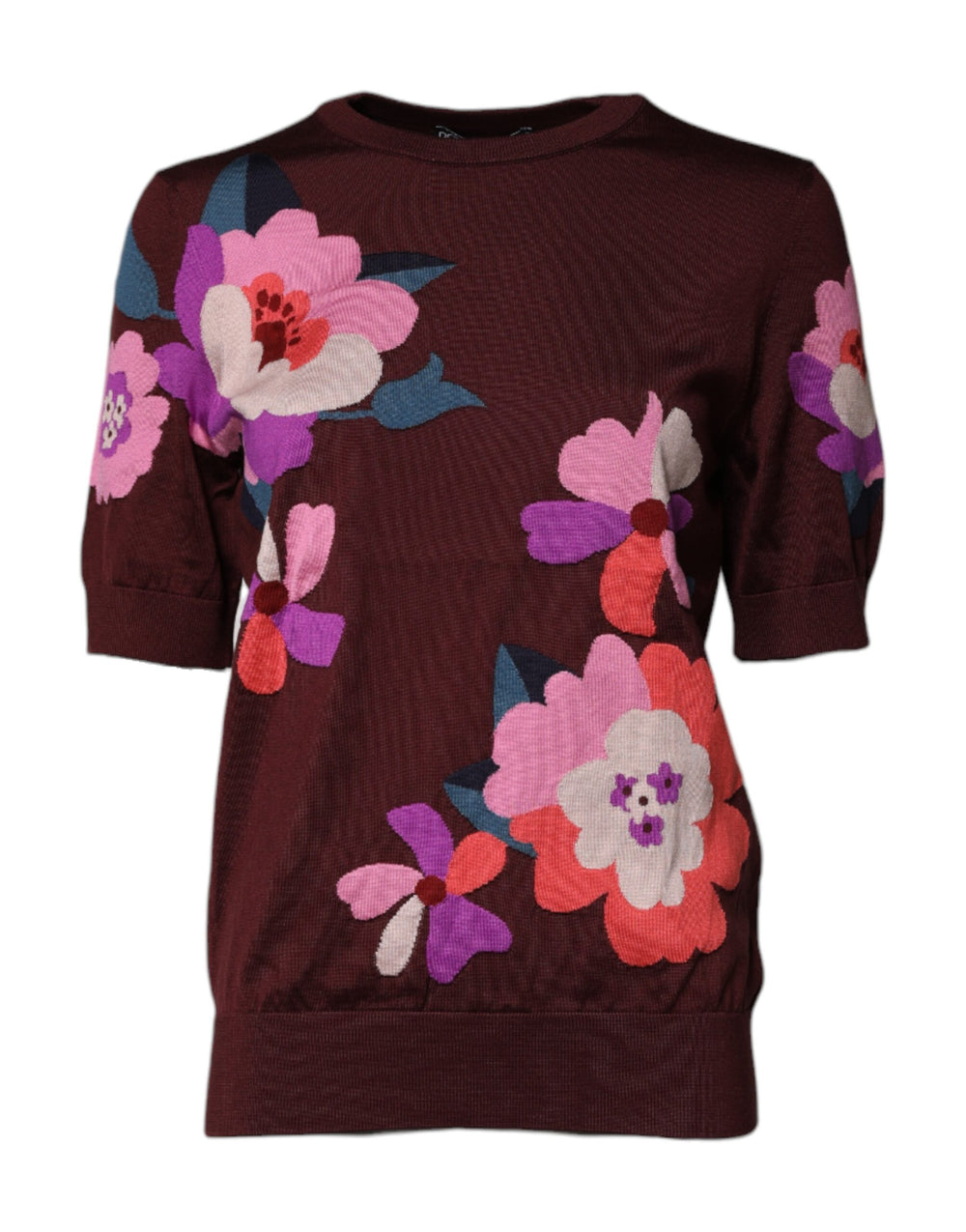 Dolce & Gabbana Sample Sale Dolce & Gabbana Maroon Floral Silk Crew Neck Blouse Top - | Designer outlet