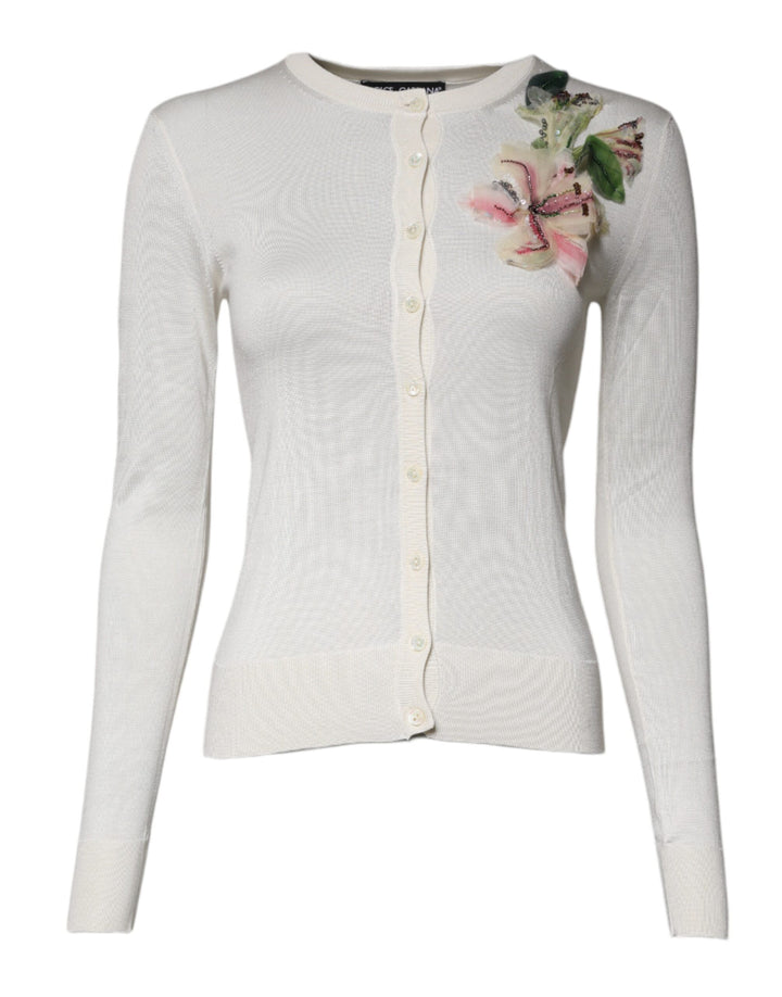 Dolce &amp; Gabbana Sample Sale Dolce &amp; Gabbana Cream Floral Silk Embellished Cardigan Sweater - | Designer outlet