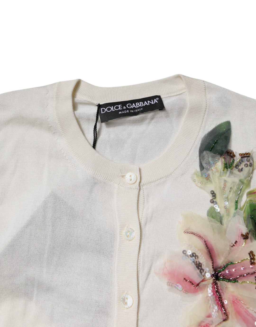 Dolce &amp; Gabbana Sample Sale Dolce &amp; Gabbana Cream Floral Silk Embellished Cardigan Sweater - | Designer outlet