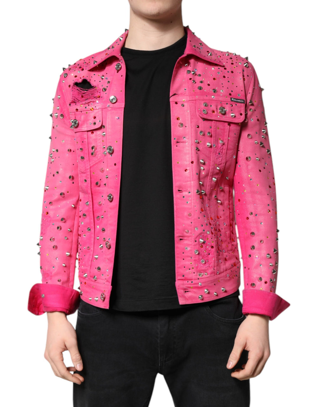Dolce &amp; Gabbana Pink Crystal Embellished Cotton Denim Jacket by Dolce &amp; Gabbana outlet now on sale