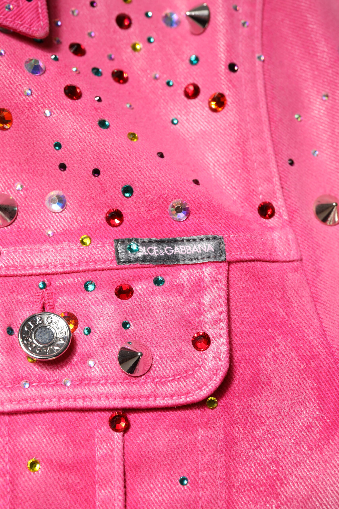 Dolce &amp; Gabbana Pink Crystal Embellished Cotton Denim Jacket by Dolce &amp; Gabbana outlet now on sale