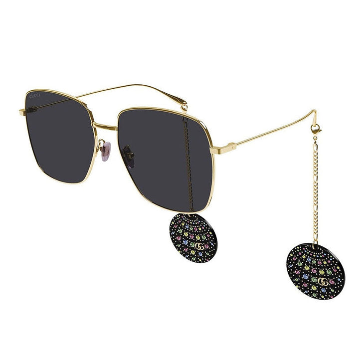 Gucci Square Full Rim, with a Gold frame and Grey with Black Detachable Jewelry Charm lens.