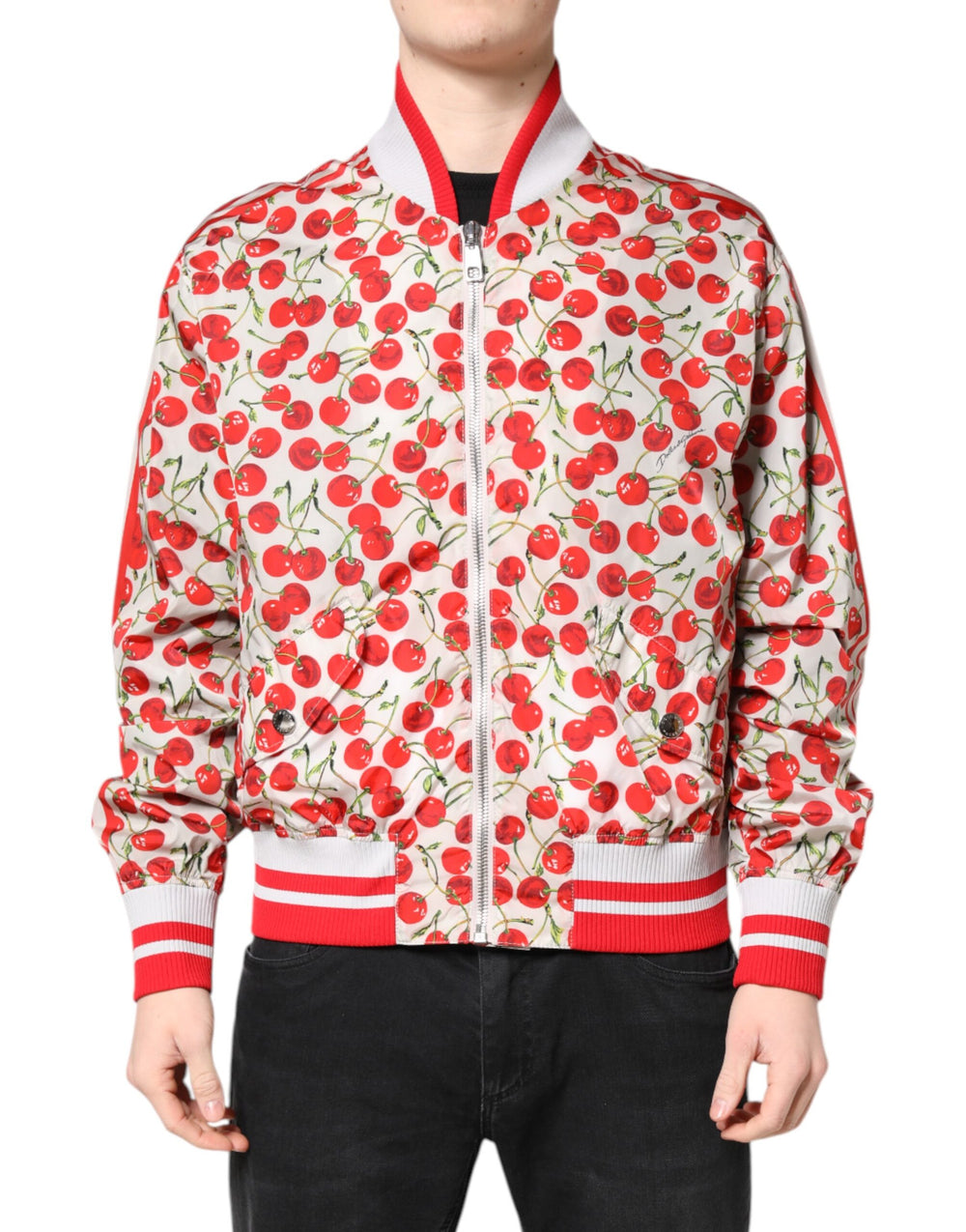 Dolce & Gabbana Sample Sale Dolce & Gabbana White Cherry Print Full Zip Bomber Jacket - | Designer outlet