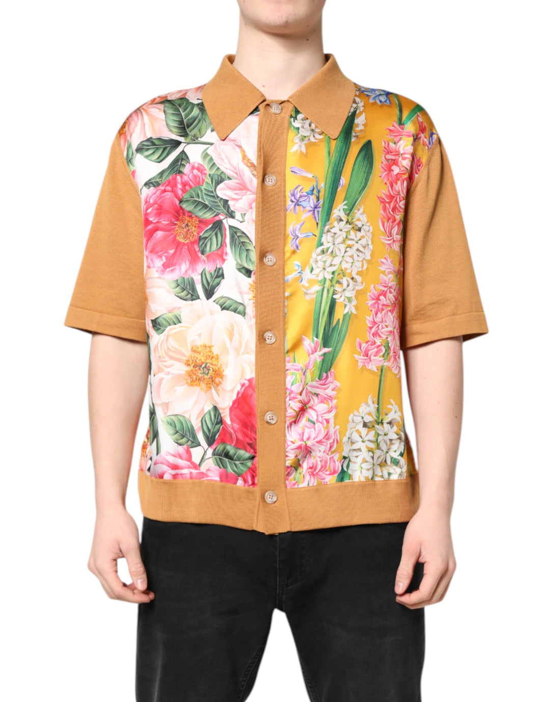 Dolce &amp; Gabbana Sample Sale Dolce &amp; Gabbana Brown Floral Collared Short Sleeve T-shirt - | Designer outlet