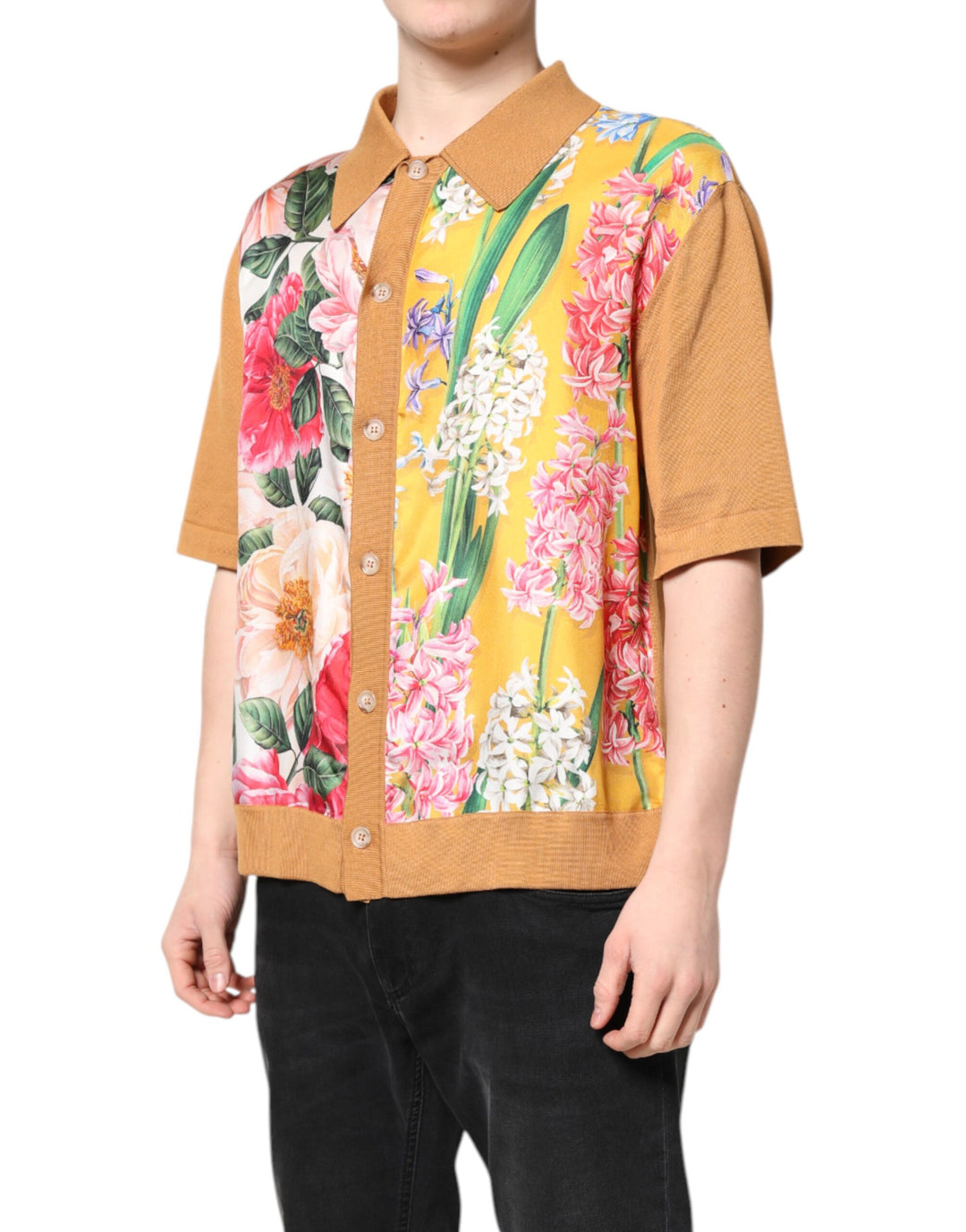 Dolce &amp; Gabbana Sample Sale Dolce &amp; Gabbana Brown Floral Collared Short Sleeve T-shirt - | Designer outlet