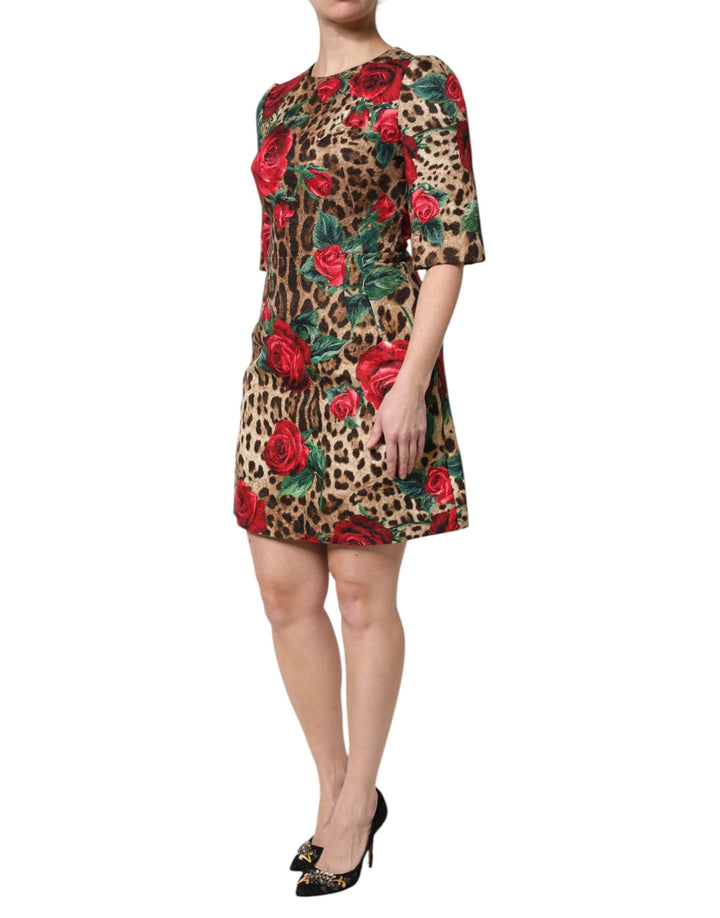 Dolce & Gabbana Brown Rose Leopard Short Sleeves Mini Dress