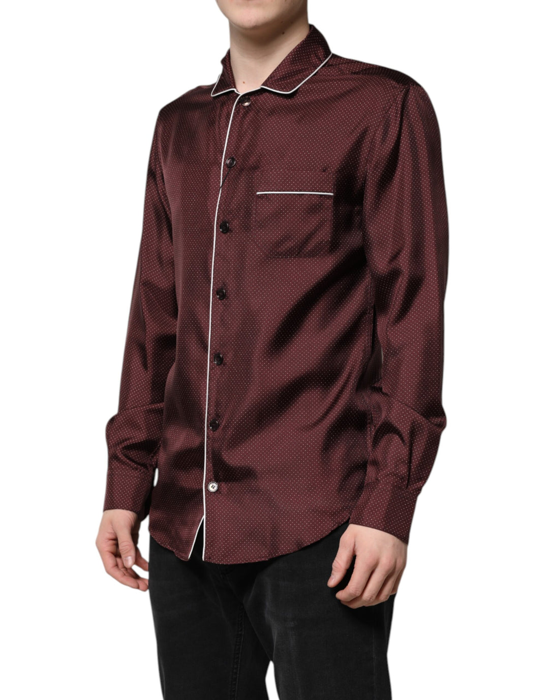 Dolce &amp; Gabbana Burgundy Silk Dotted Long Sleeves Shirt by Dolce &amp; Gabbana outlet now on sale