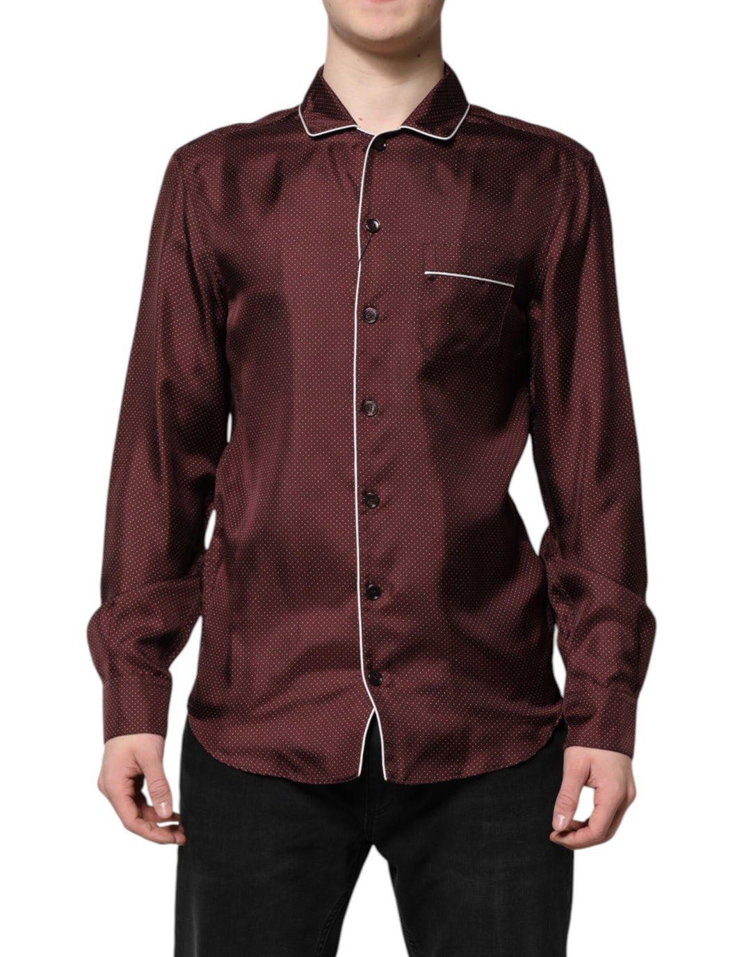 Dolce &amp; Gabbana Burgundy Silk Dotted Long Sleeves Shirt by Dolce &amp; Gabbana outlet now on sale