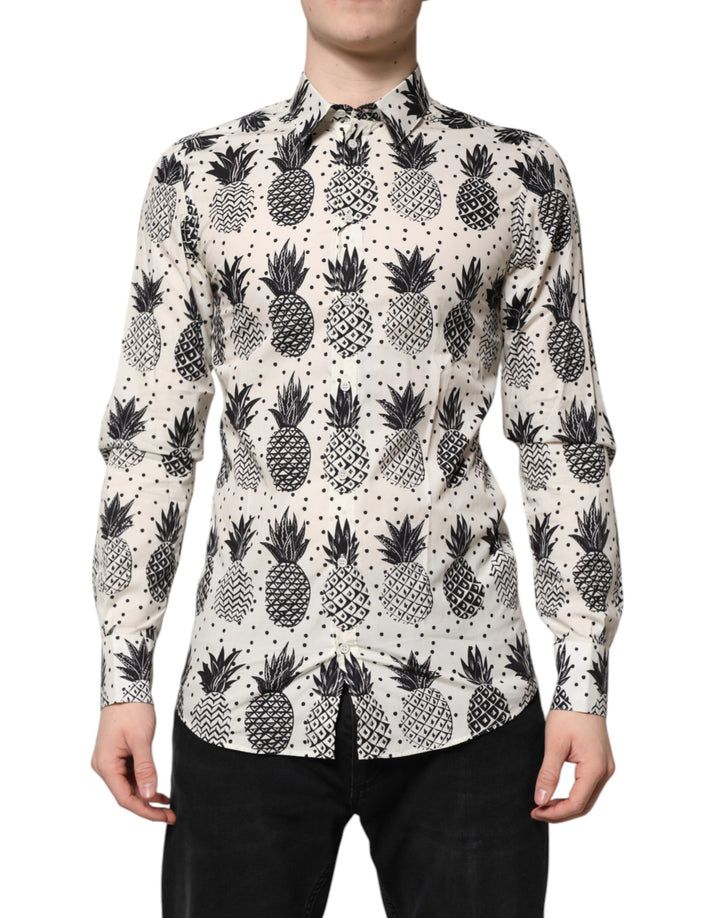 Dolce & Gabbana White Pineapple Print Long Sleeve GOLD Shirt