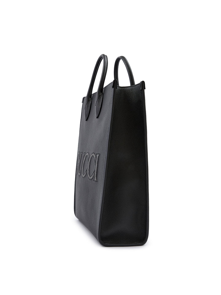 Gucci Black Leather Logo Medium Tote Bag