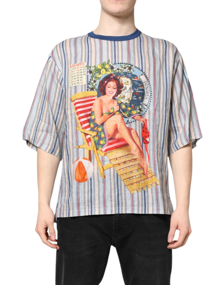 Dolce &amp; Gabbana Multicolor Striped Pin Up Linen Round Neck T-shirt by Dolce &amp; Gabbana outlet now on sale