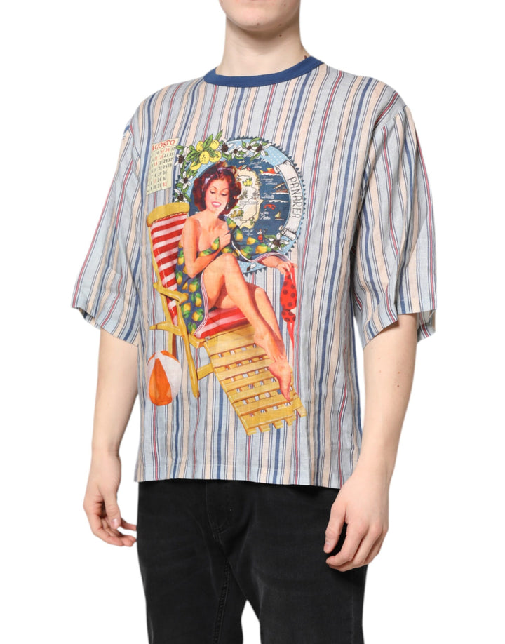 Dolce &amp; Gabbana Multicolor Striped Pin Up Linen Round Neck T-shirt by Dolce &amp; Gabbana outlet now on sale