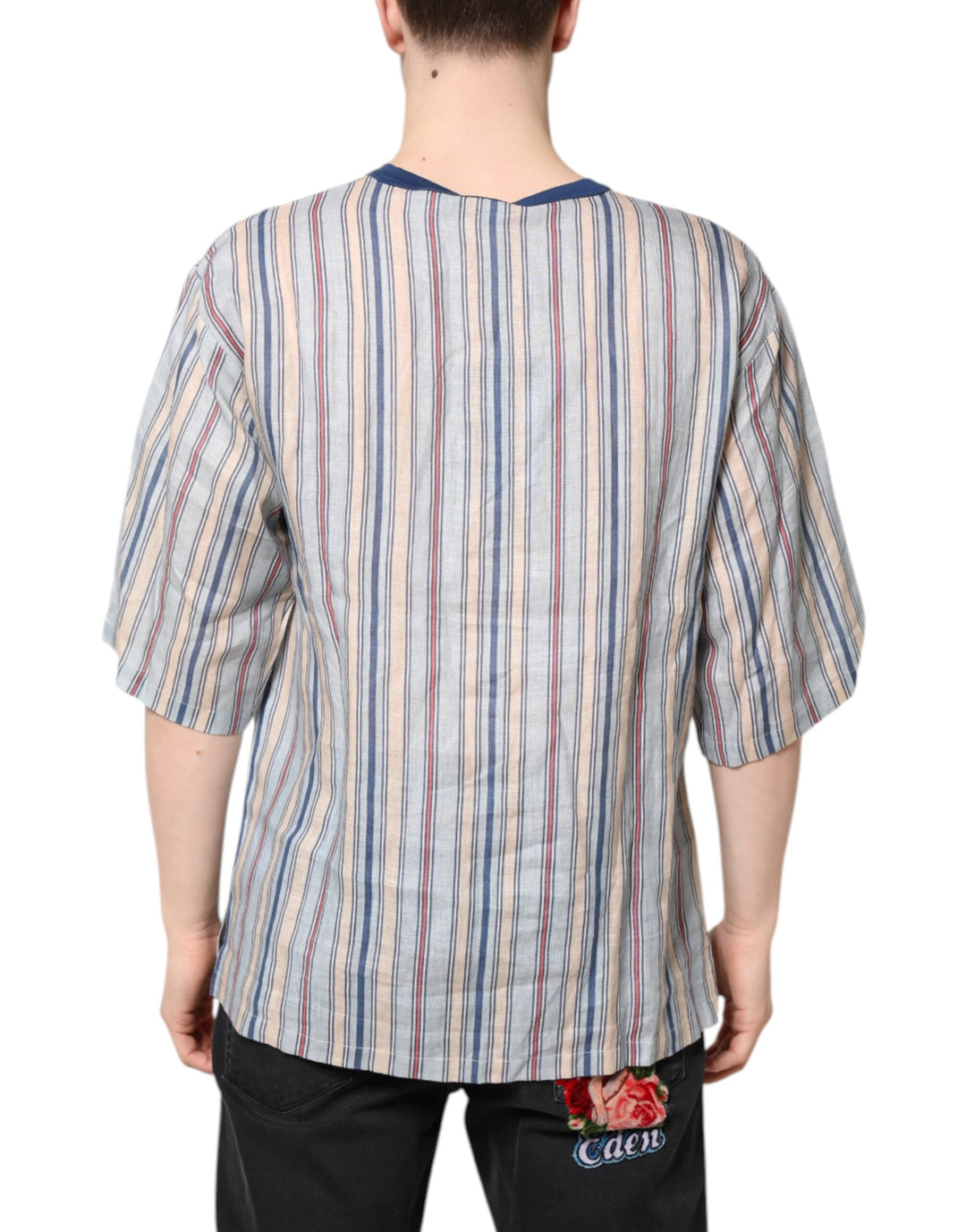 Dolce &amp; Gabbana Multicolor Striped Pin Up Linen Round Neck T-shirt by Dolce &amp; Gabbana outlet now on sale