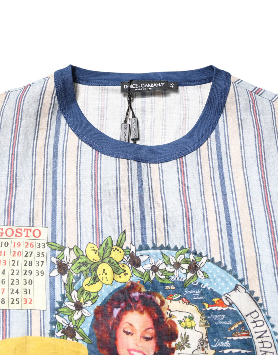 Dolce &amp; Gabbana Multicolor Striped Pin Up Linen Round Neck T-shirt by Dolce &amp; Gabbana outlet now on sale