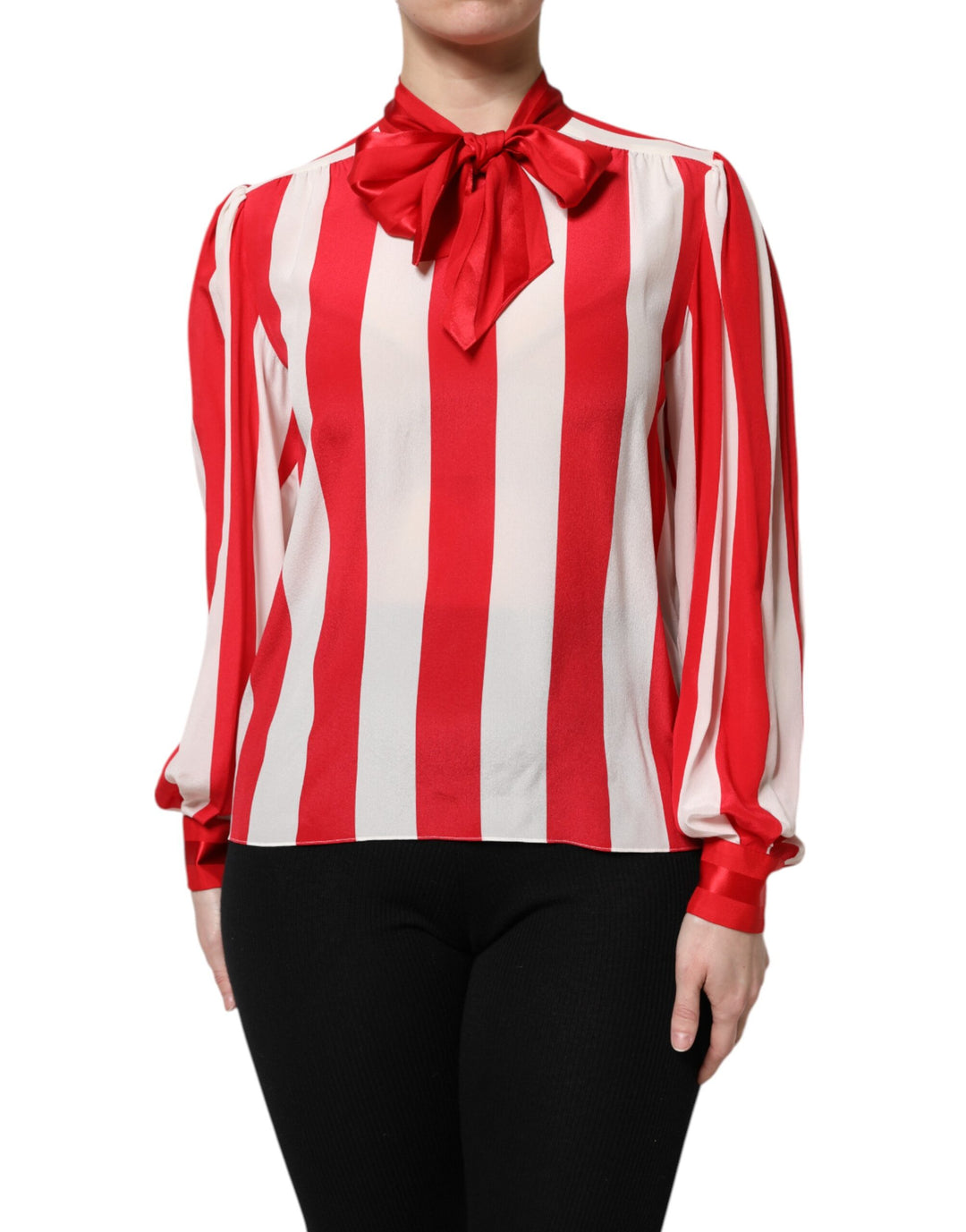 Dolce & Gabbana Sample Sale Dolce & Gabbana Red White Stripes Ascot Collar Blouse Top - | Designer outlet