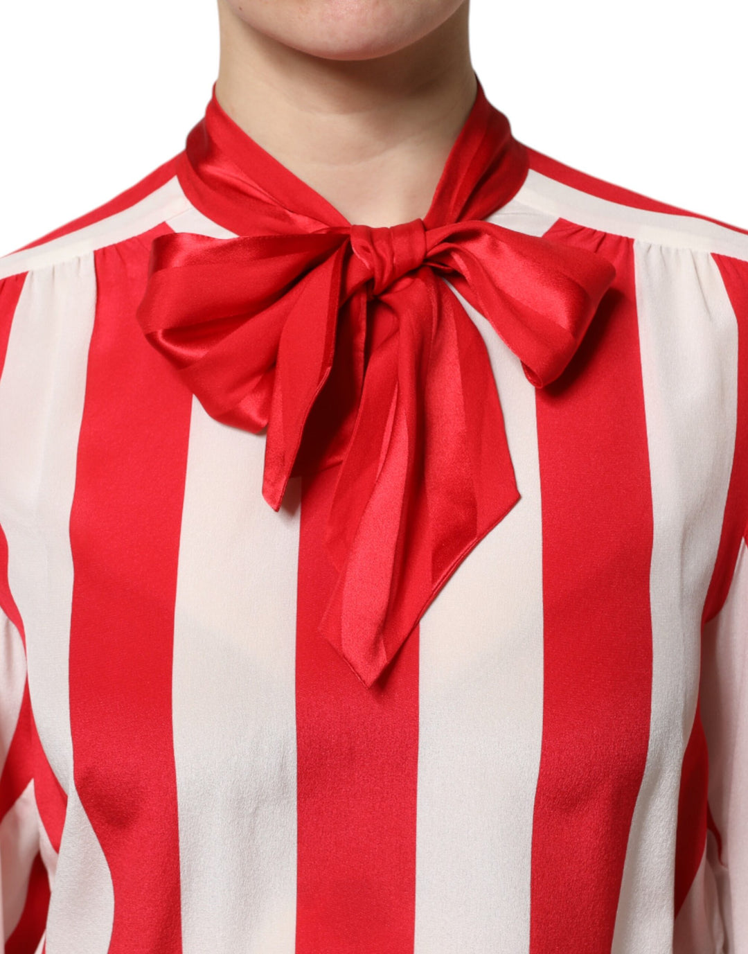 Dolce &amp; Gabbana Sample Sale Dolce &amp; Gabbana Red White Stripes Ascot Collar Blouse Top - | Designer outlet