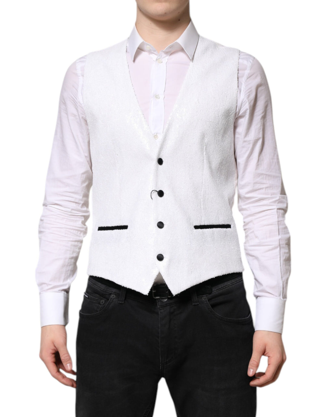 Dolce &amp; Gabbana Sample Sale Dolce &amp; Gabbana White Sequined Dress Formal Waistcoat Vest - | Designer outlet