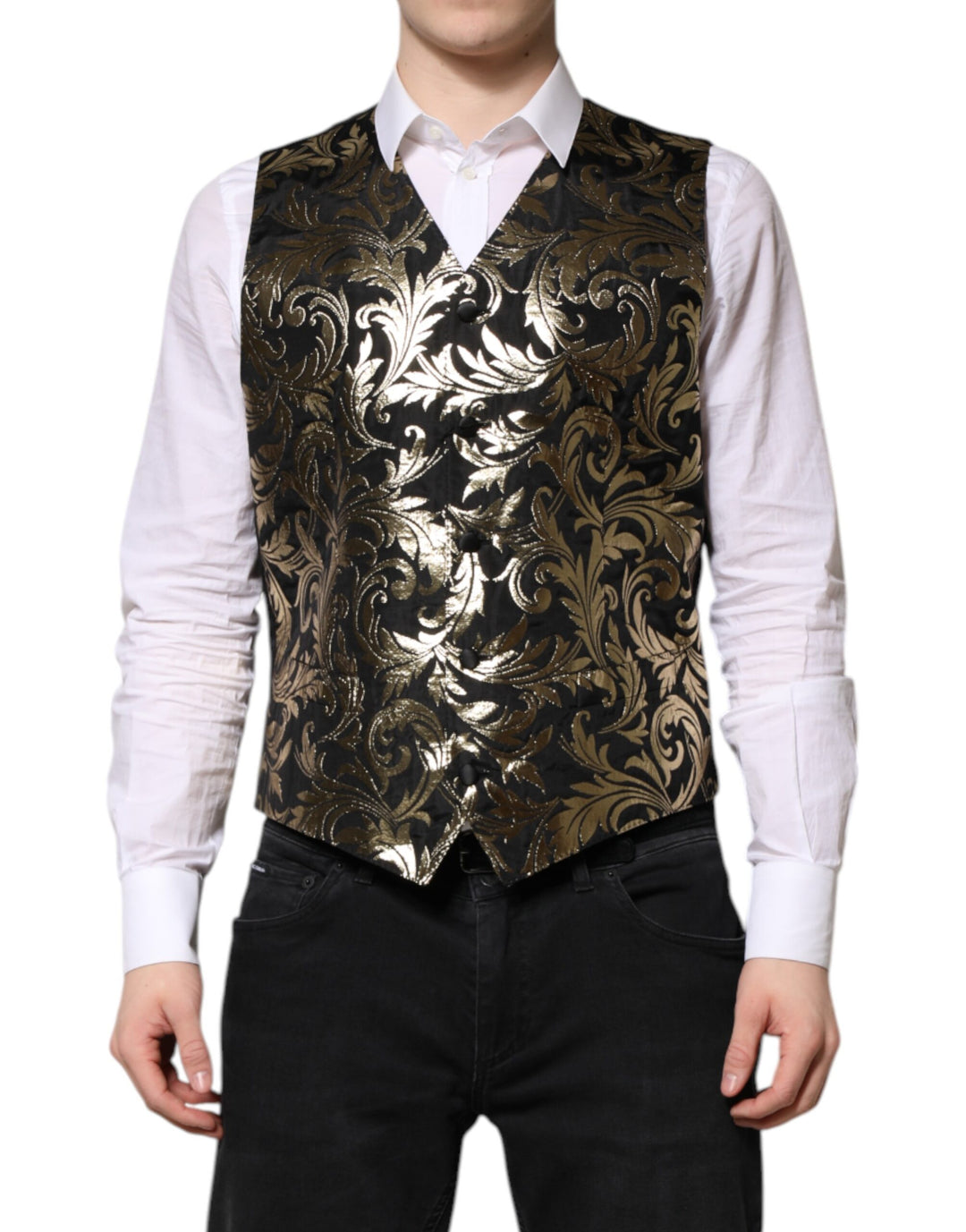 Dolce &amp; Gabbana Sample Sale Dolce &amp; Gabbana Black Gold Jacquard Formal Men Waistcoat Vest - | Designer outlet