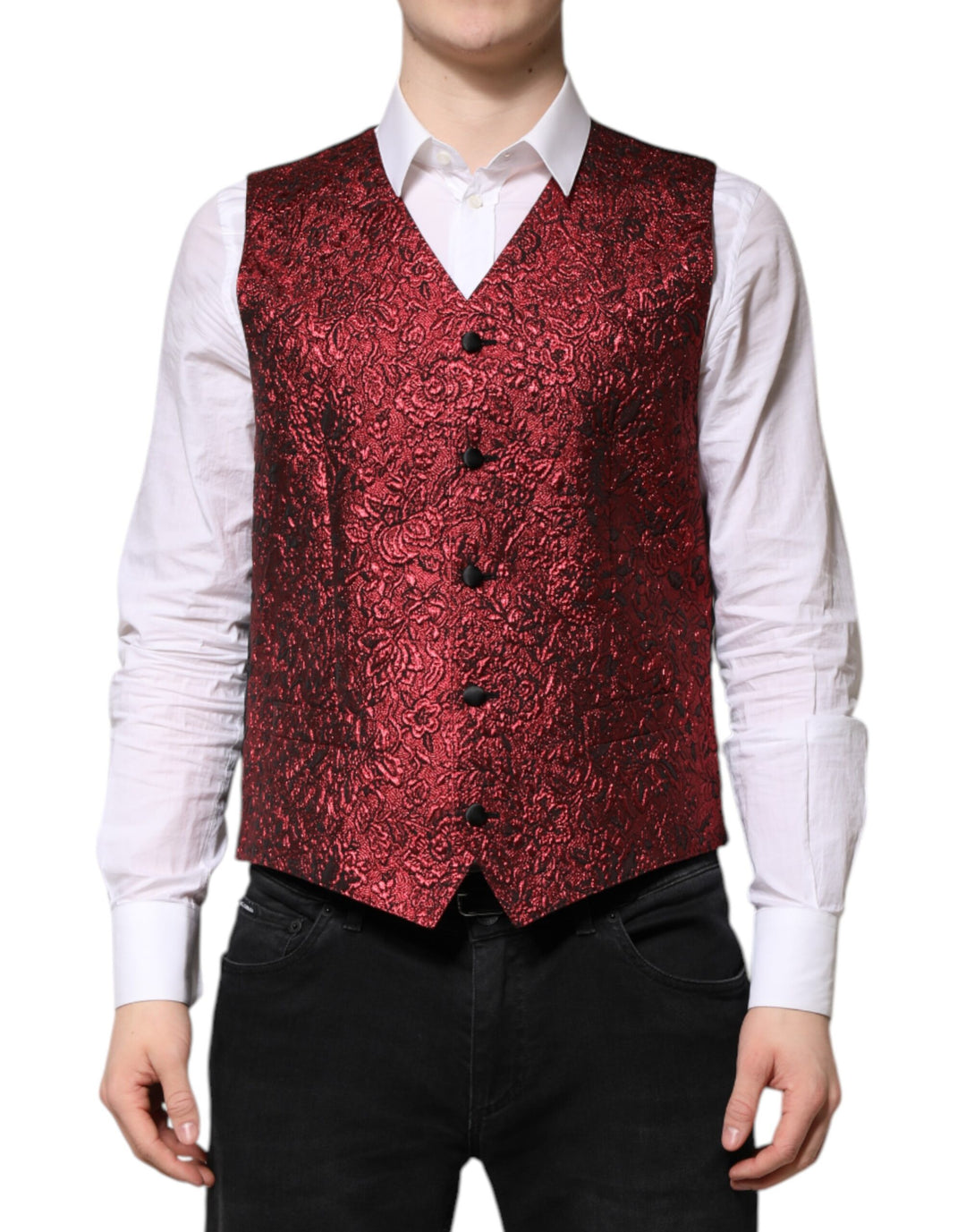 Dolce &amp; Gabbana Sample Sale Dolce &amp; Gabbana Red Floral Brocade Formal Men Waistcoat Vest - | Designer outlet