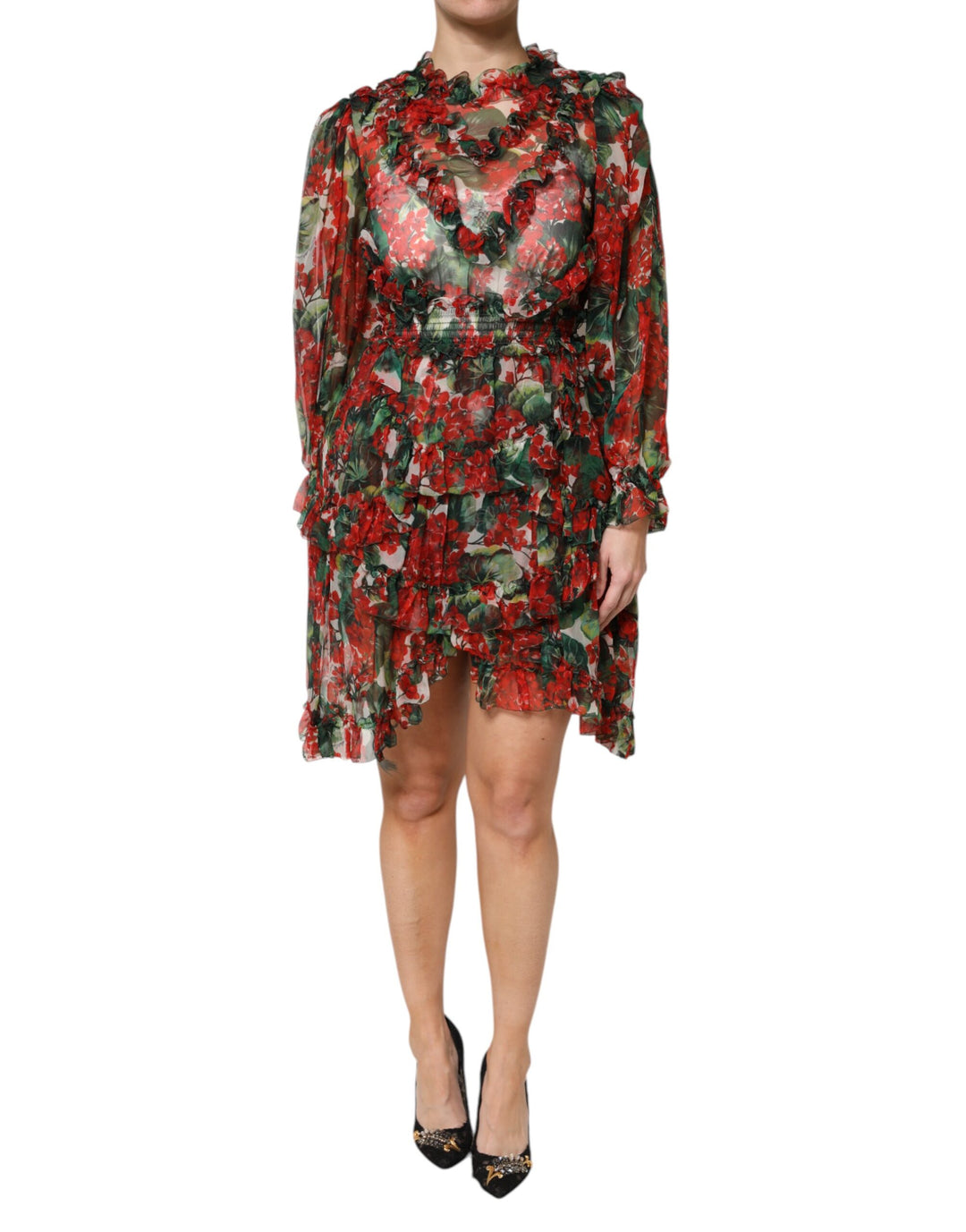 Dolce & Gabbana Multicolor Ruffle Floral Long Sleeves Dress IT38