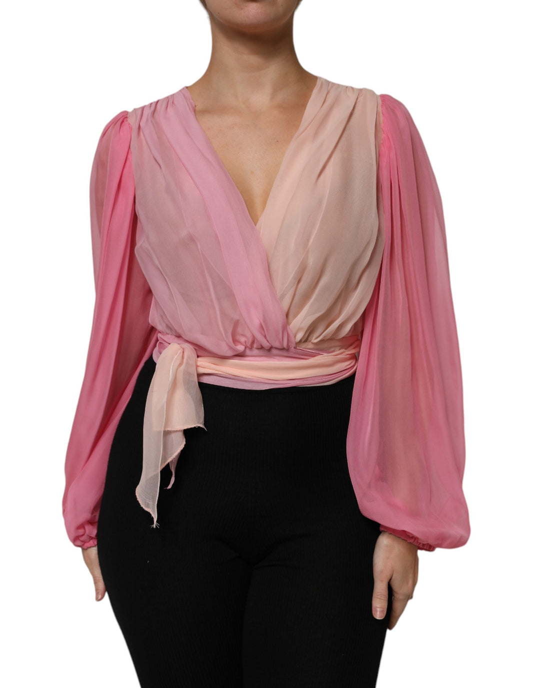 Dolce & Gabbana Sample Sale Dolce & Gabbana Pink Plunging V-neck Long Sleeves Blouse Top - | Designer outlet
