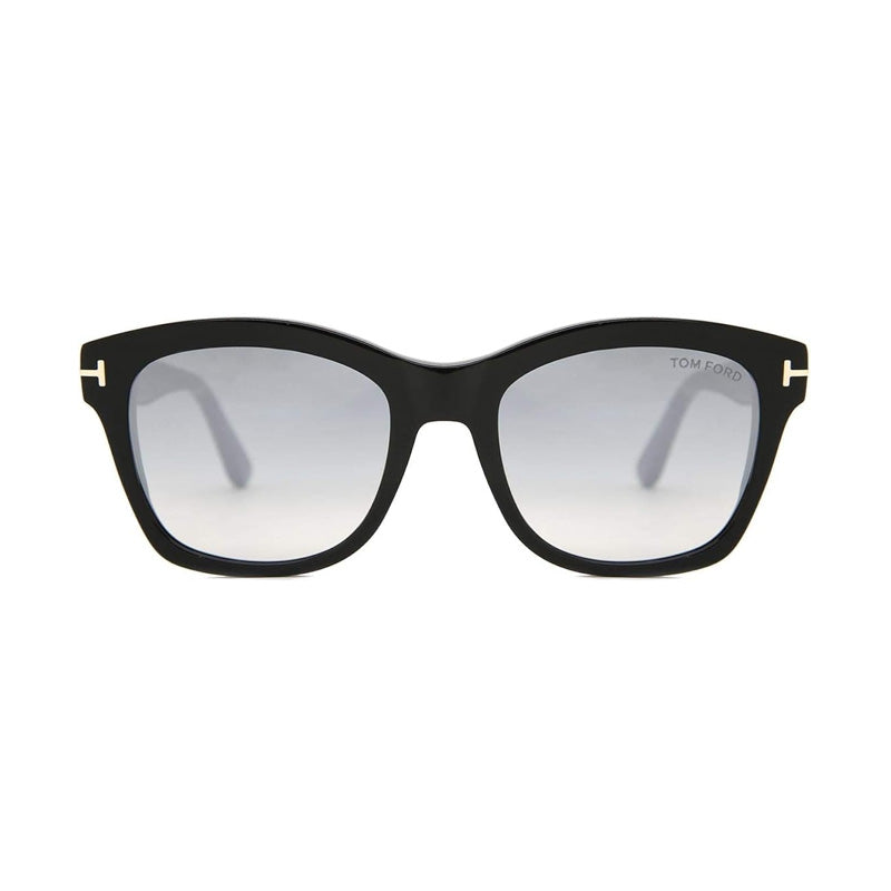 Tom Ford Cat Eye Full Rim, with a Shiny Black frame and Gradient Smoke Silver Flash lens.