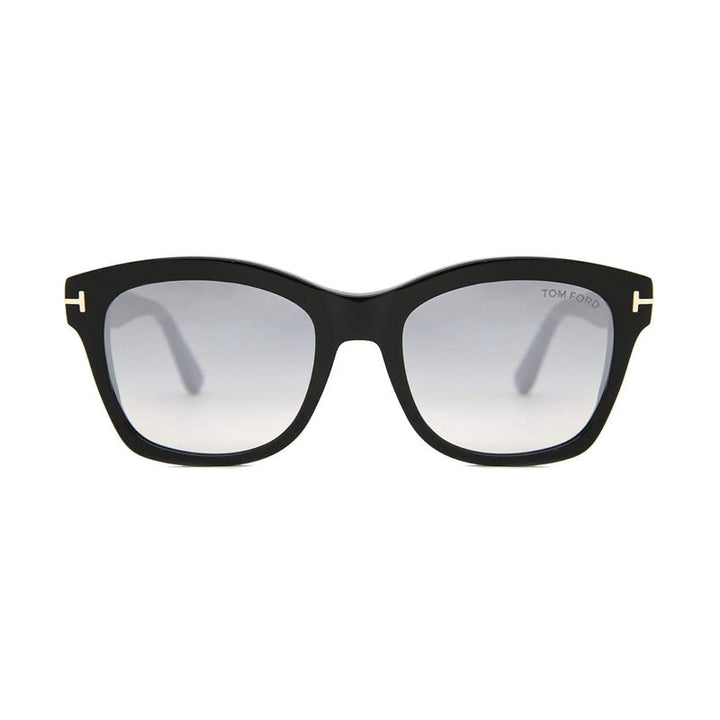 Tom Ford Cat Eye Full Rim, with a Shiny Black frame and Gradient Smoke Silver Flash lens.