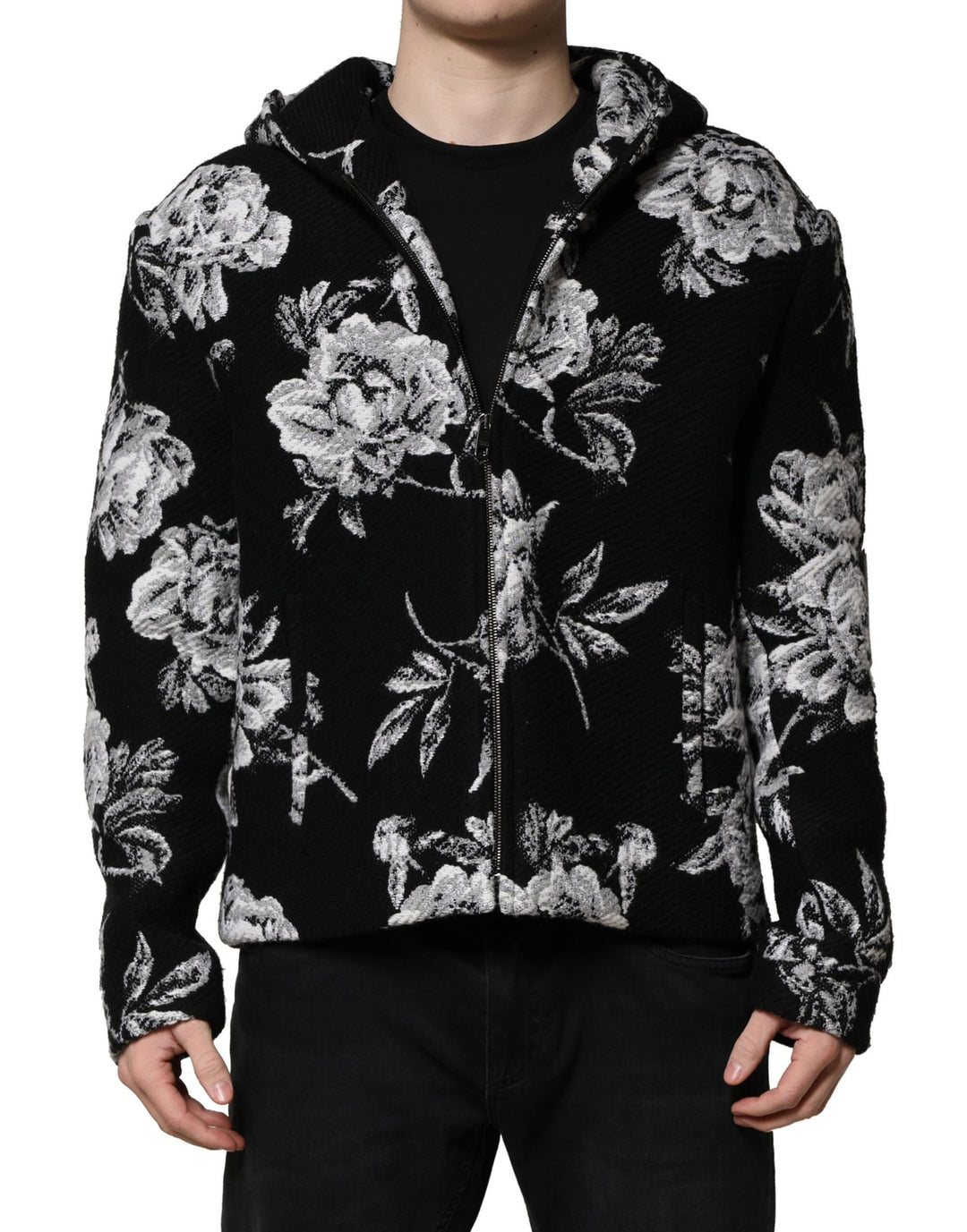 Dolce &amp; Gabbana Sample Sale Dolce &amp; Gabbana Black Wool Floral Printed Men Hooded Jacket - | Designer outlet