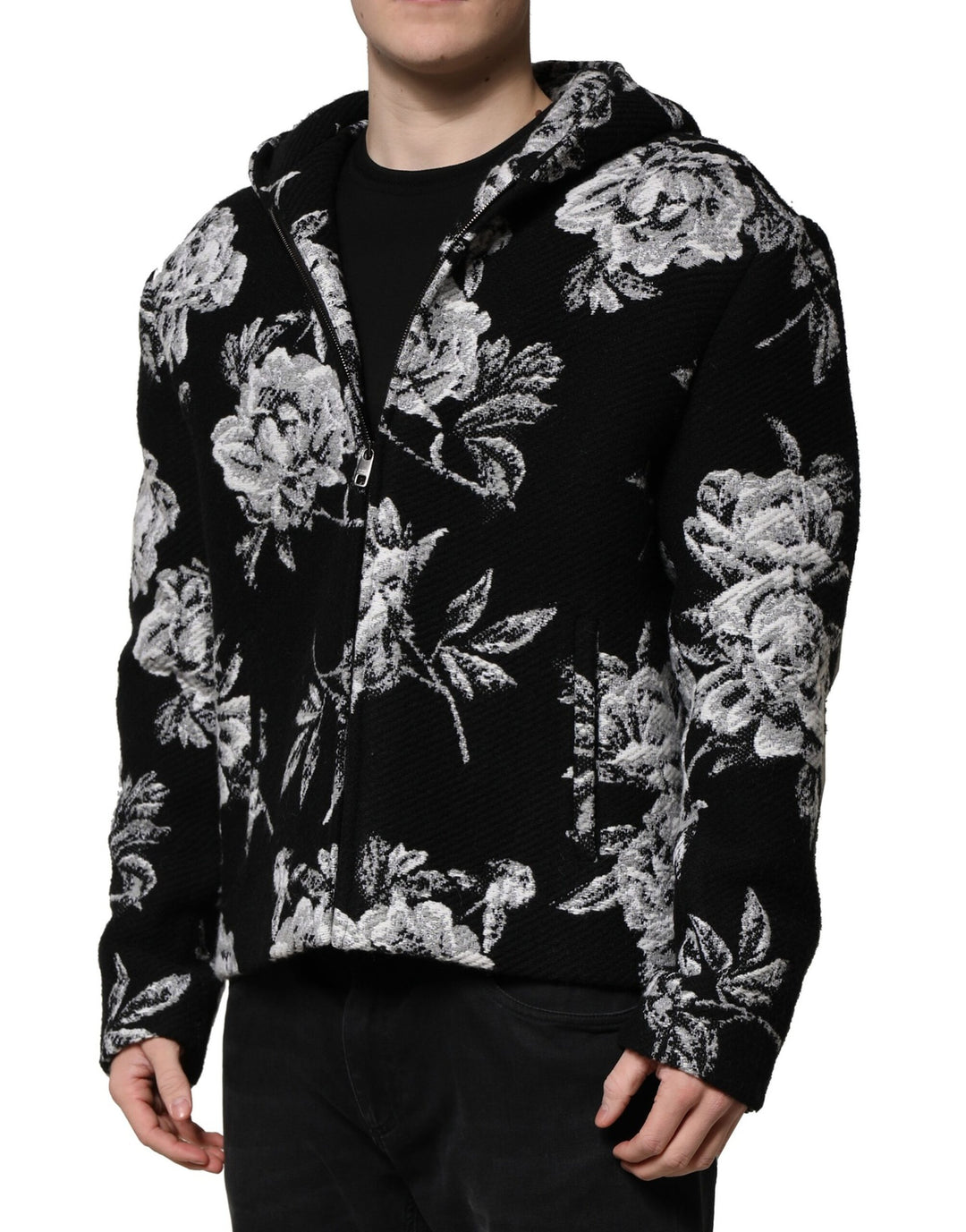 Dolce &amp; Gabbana Sample Sale Dolce &amp; Gabbana Black Wool Floral Printed Men Hooded Jacket - | Designer outlet