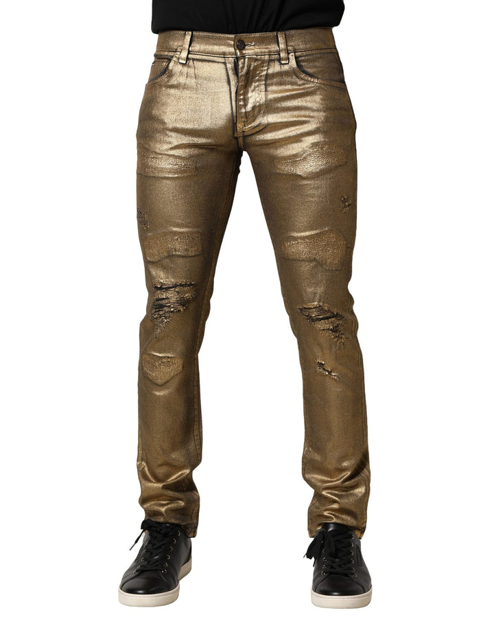 Dolce &amp; Gabbana Sample Sale Dolce &amp; Gabbana Gold Tattered Cotton Stretch Slim Denim Jeans - | Designer outlet