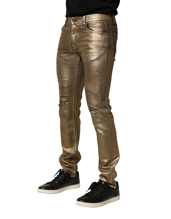 Dolce &amp; Gabbana Sample Sale Dolce &amp; Gabbana Gold Tattered Cotton Stretch Slim Denim Jeans - | Designer outlet