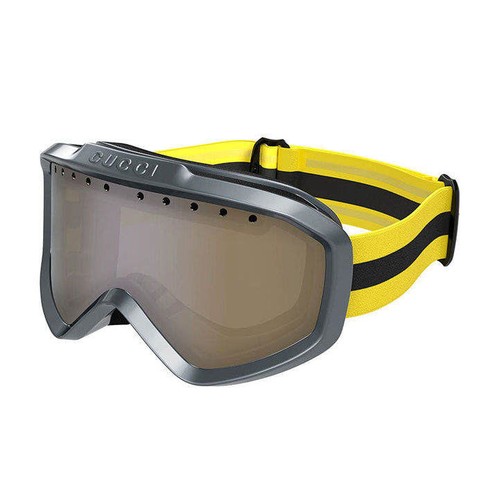 Gucci Shield Full Rim, with a Metallic Dark Ruthenium frame and Brown with Bronze Mirror lens.