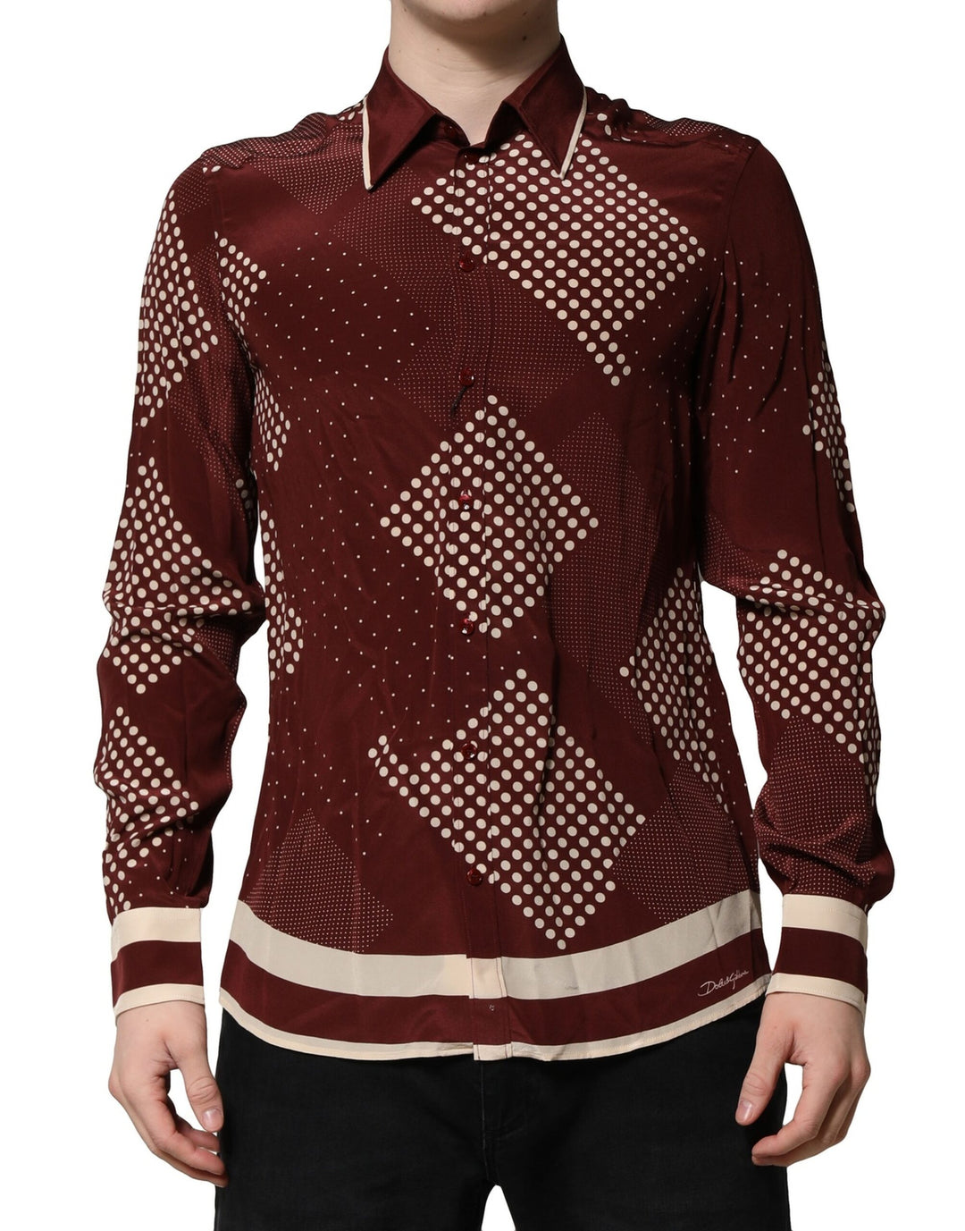 Dolce &amp; Gabbana Sample Sale Dolce &amp; Gabbana Maroon Dotted Silk Long Sleeve Casual Shirt - | Designer outlet