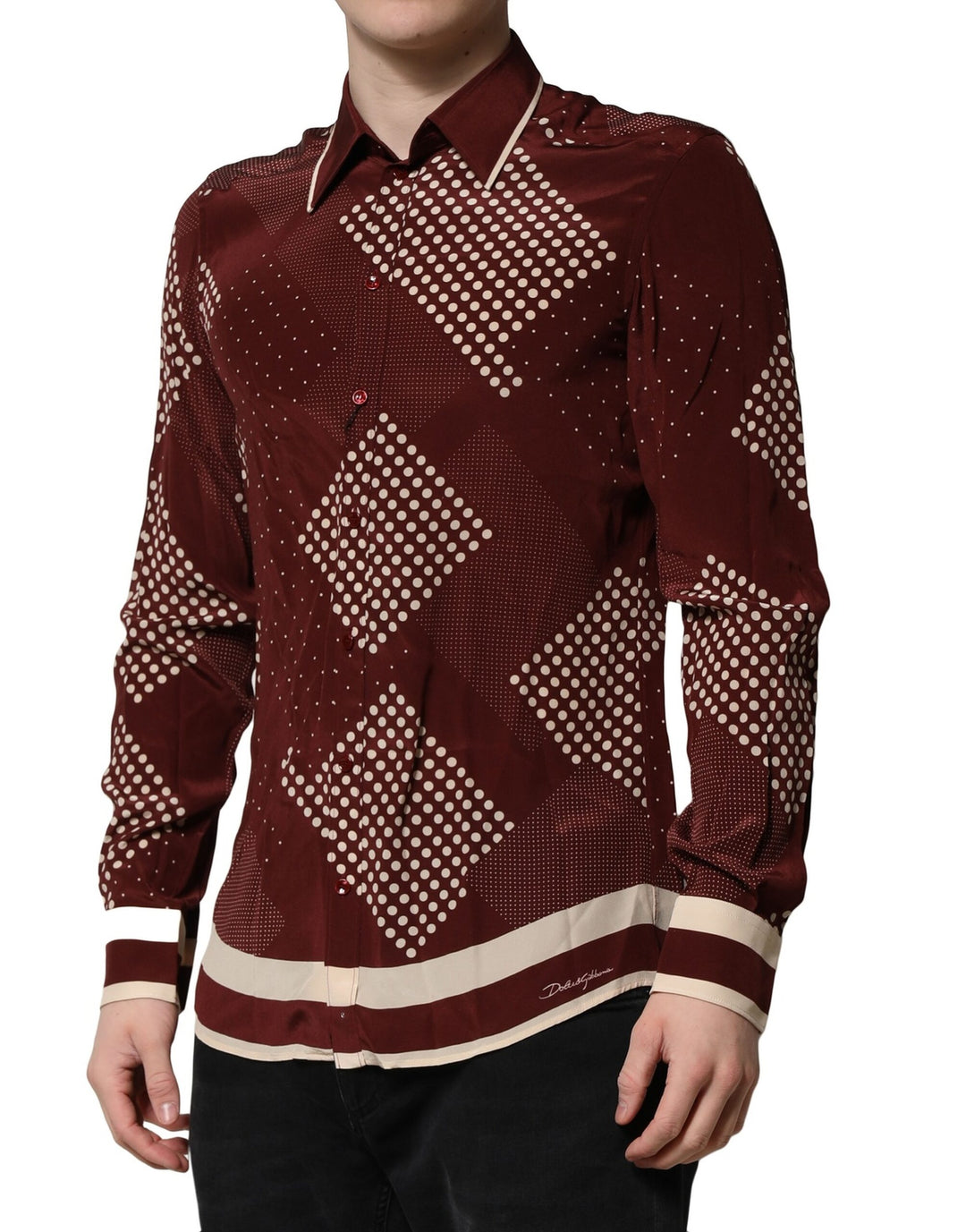 Dolce &amp; Gabbana Sample Sale Dolce &amp; Gabbana Maroon Dotted Silk Long Sleeve Casual Shirt - | Designer outlet