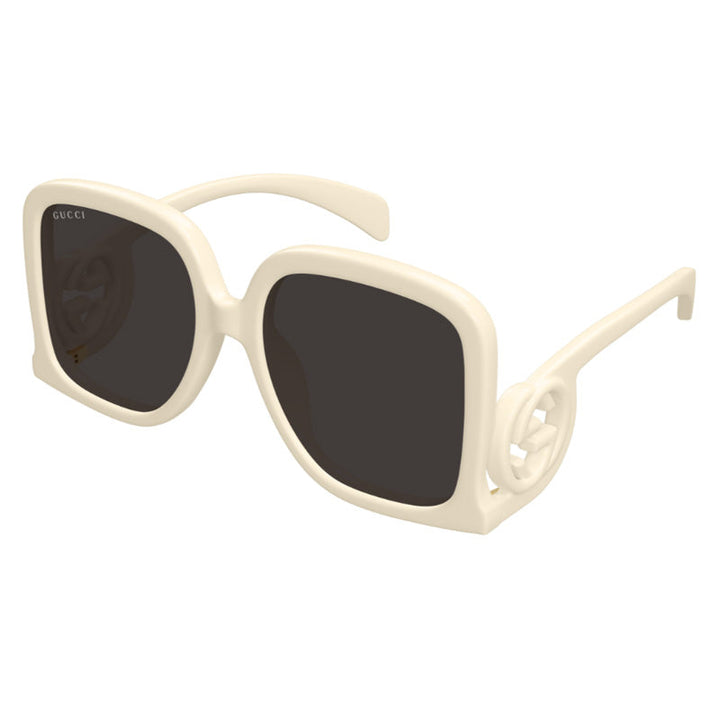 Gucci Square Full Rim, with a Ivory frame and Grey Mirror lens.