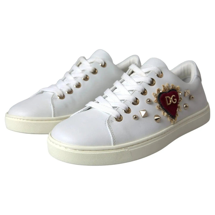 Dolce &amp; Gabbana Sample Sale | Dolce &amp; Gabbana White Leather Gold Red Heart Sneakers Shoes - | Designer outlet