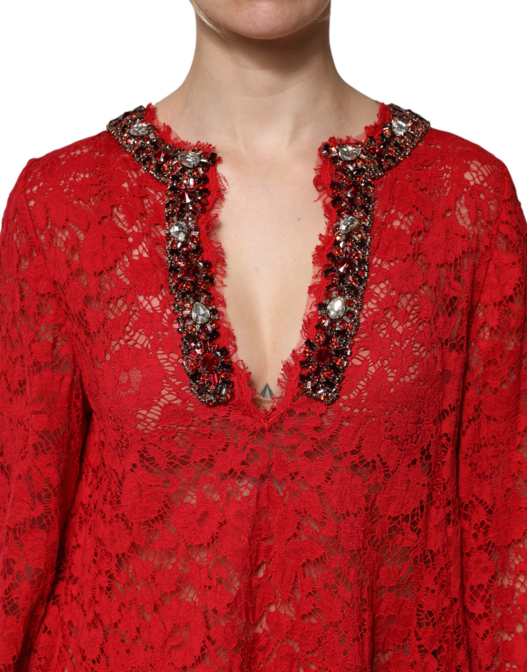 Dolce &amp; Gabbana Sample Sale Dolce &amp; Gabbana Red Floral Lace Rhinestone Embellished Dress - | Designer outlet