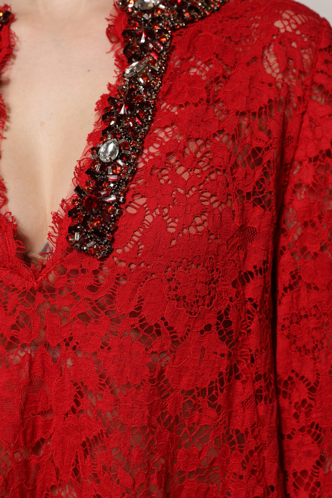 Dolce &amp; Gabbana Sample Sale Dolce &amp; Gabbana Red Floral Lace Rhinestone Embellished Dress - | Designer outlet