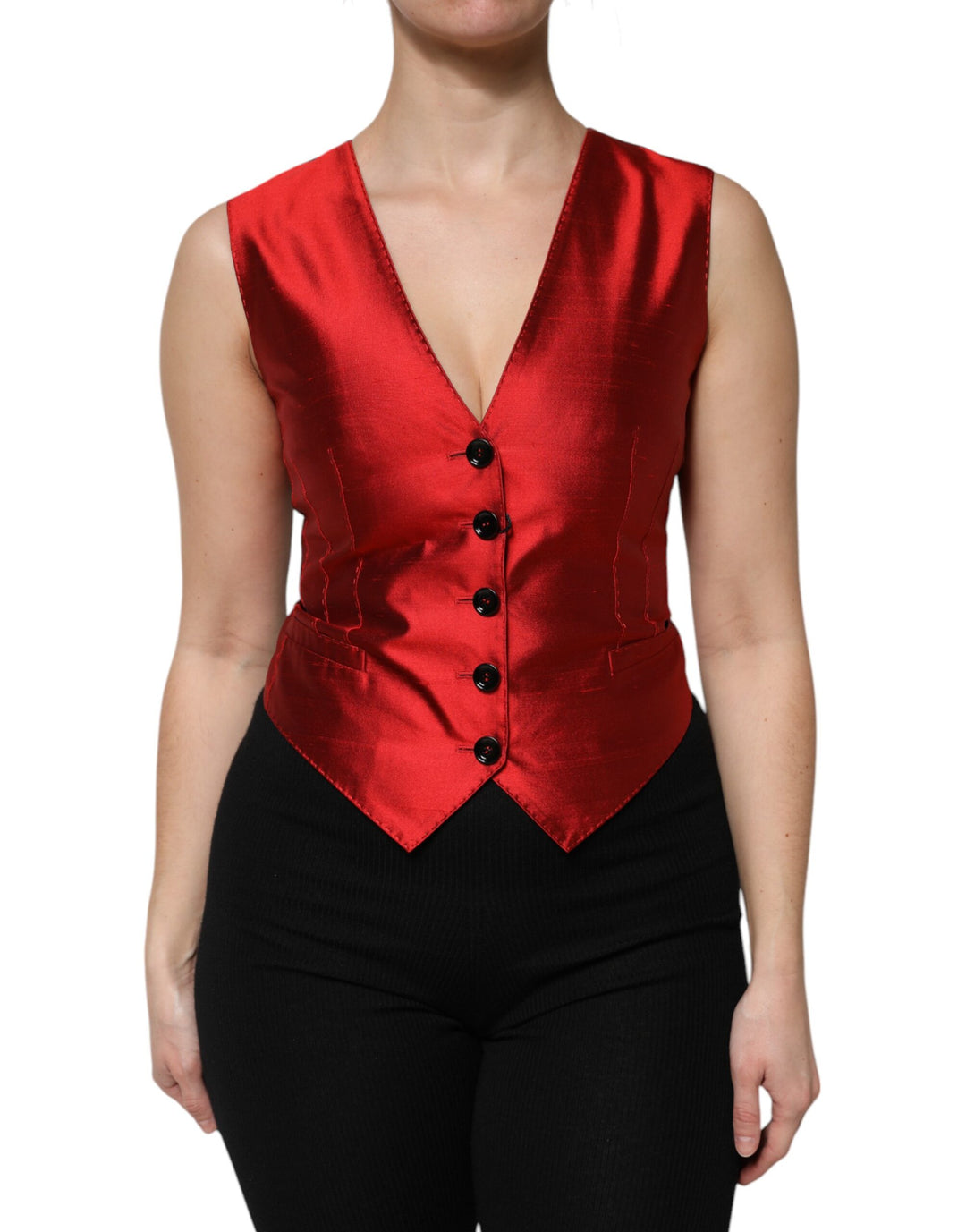 Dolce & Gabbana Sample Sale Dolce & Gabbana Red Black Button Down Sleeveless Vest Top - | Designer outlet