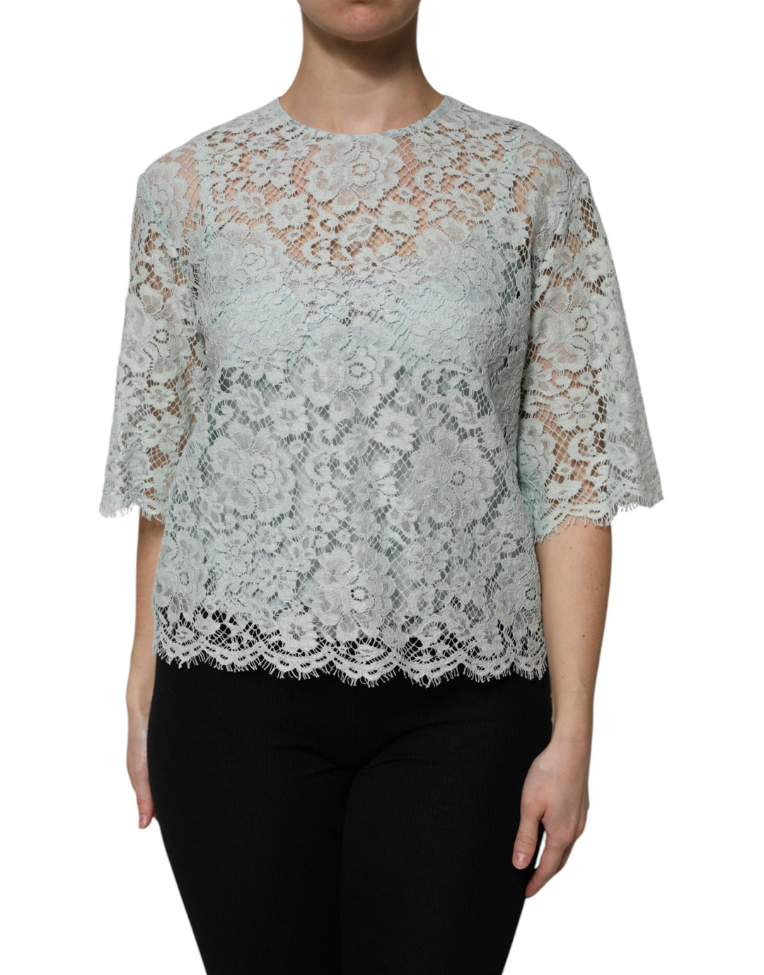 Dolce & Gabbana Sample Sale Dolce & Gabbana Mint Green Floral Lace Cotton Blouse Top - | Designer outlet