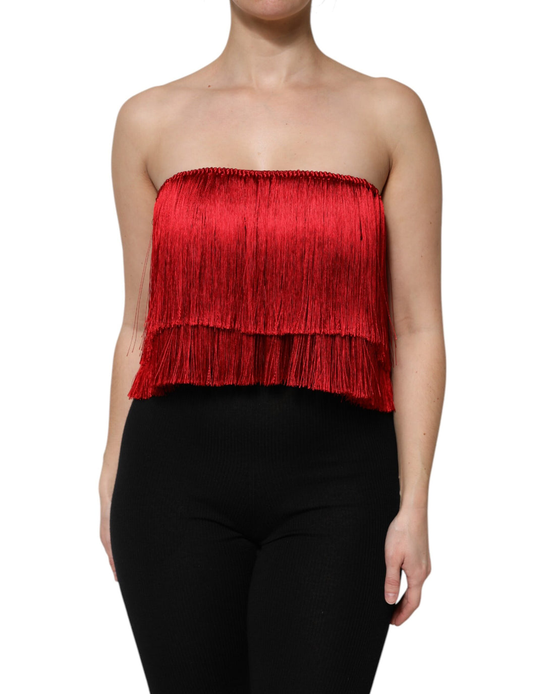 Dolce & Gabbana Sample Sale Dolce & Gabbana Red Silk Strapless Fringe Crop Tube Top - | Designer outlet