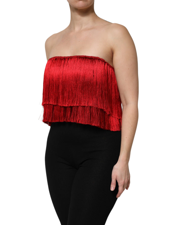Dolce & Gabbana Sample Sale Dolce & Gabbana Red Silk Strapless Fringe Crop Tube Top - | Designer outlet