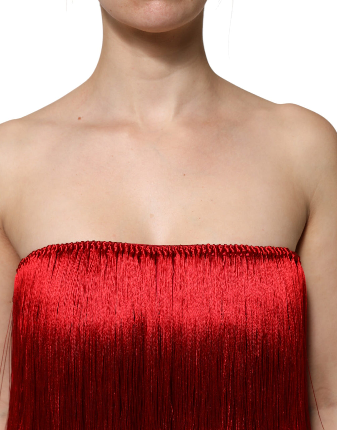 Dolce & Gabbana Sample Sale Dolce & Gabbana Red Silk Strapless Fringe Crop Tube Top - | Designer outlet