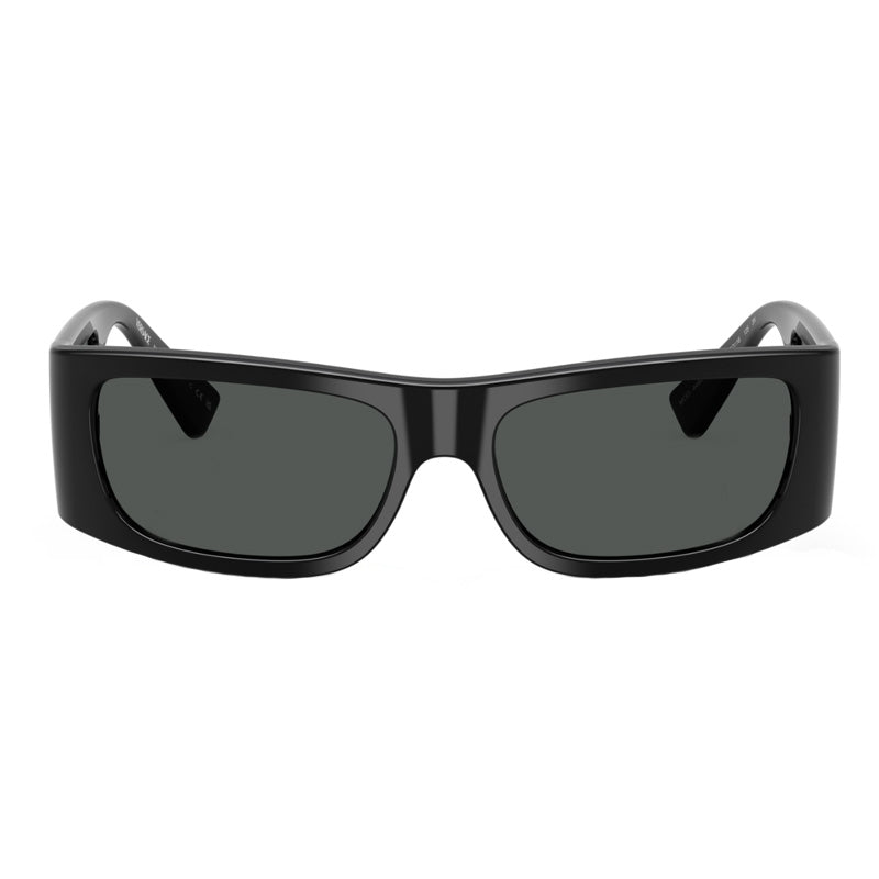 Versace Rectangle Full Rim, with a Black frame and Dark Grey lens.