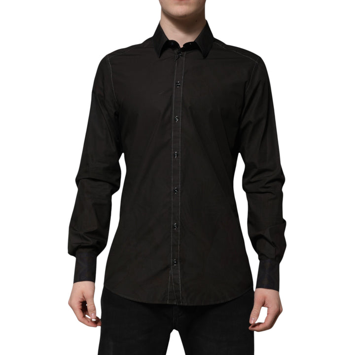 Dolce & Gabbana Black Cotton Jacquard GOLD Collar Dress Shirt