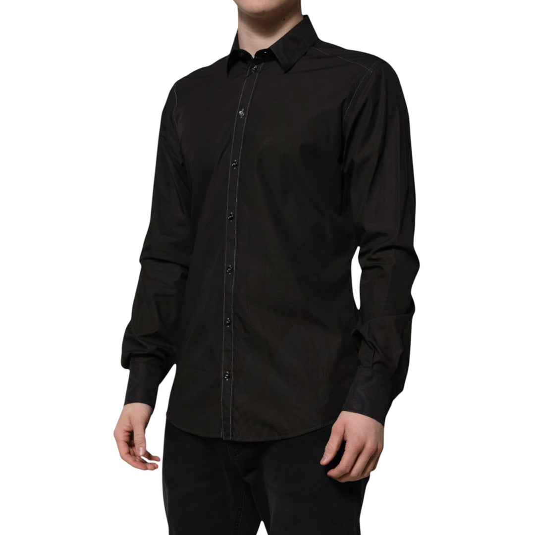 Dolce & Gabbana Black Cotton Jacquard GOLD Collar Dress Shirt